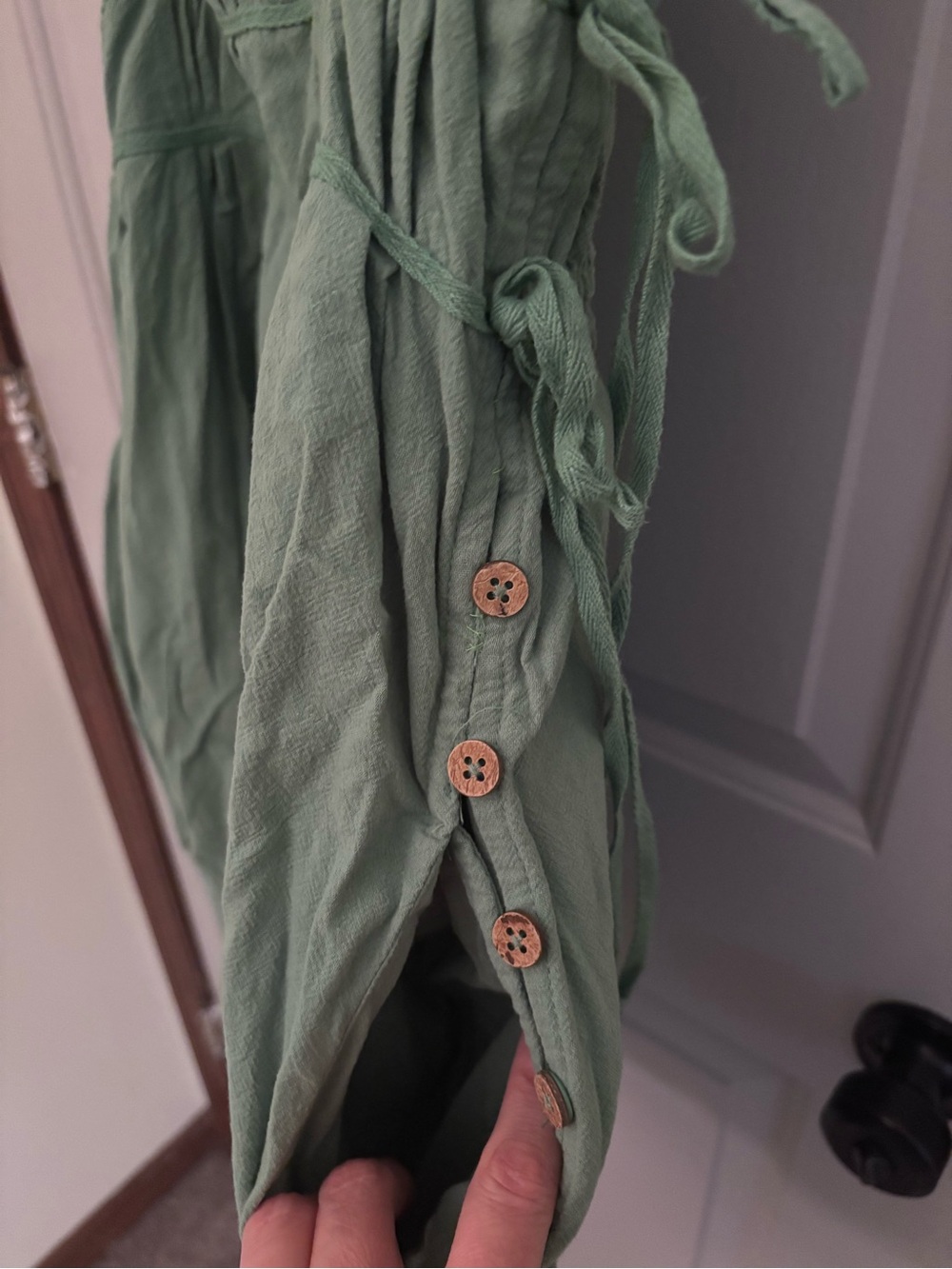 Free People Sage Green Ruffled Strap Mini Cotton Sundress sz XL pockets buttons - Picture 7 of 8